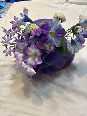 August Accessories Purple Floral Church Derby Hat with Mesh Bow